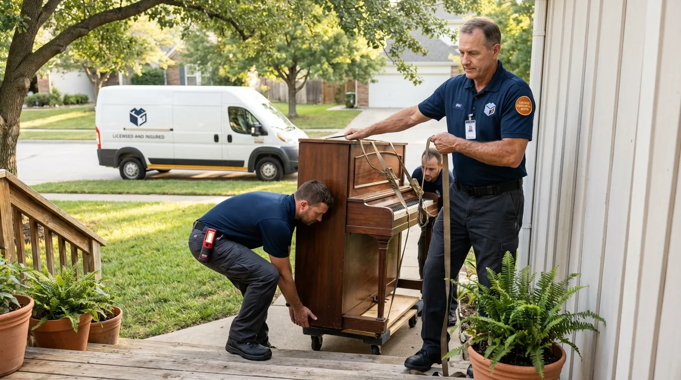 Licensed piano movers securing grand piano in Como, MS