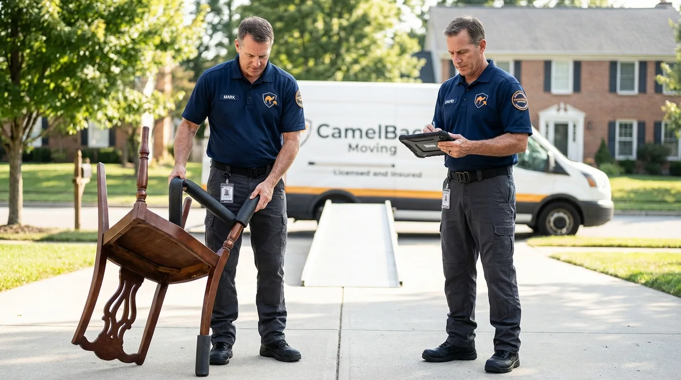 Movers inspecting furniture for damage prevention before loading in Como, MS
