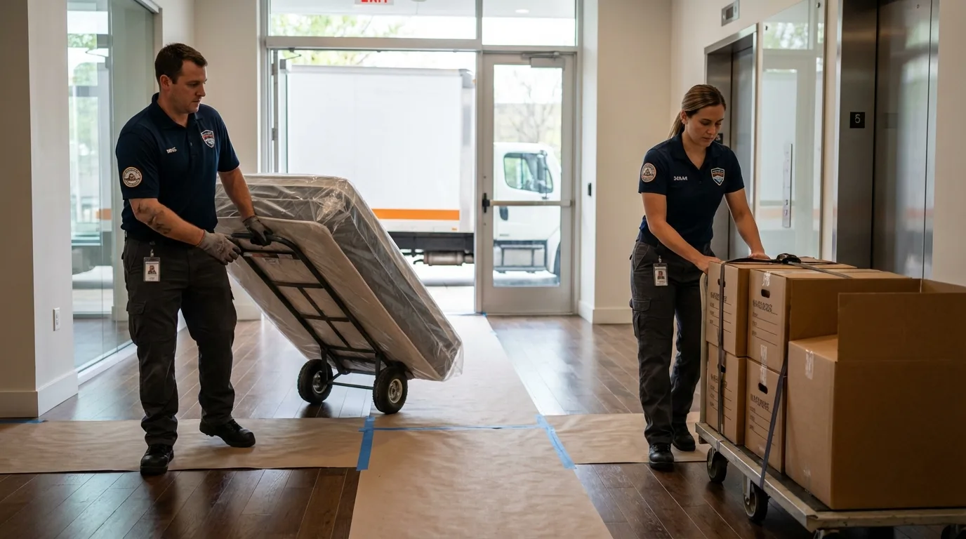 Professional apartment movers loading elevator in Como, MS