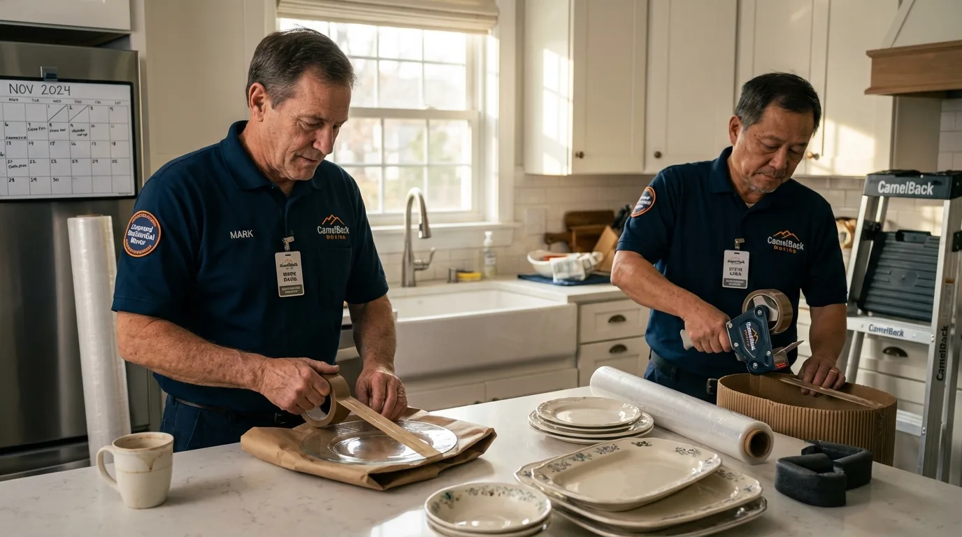 Professional crew packing kitchen dishware in Como, MS